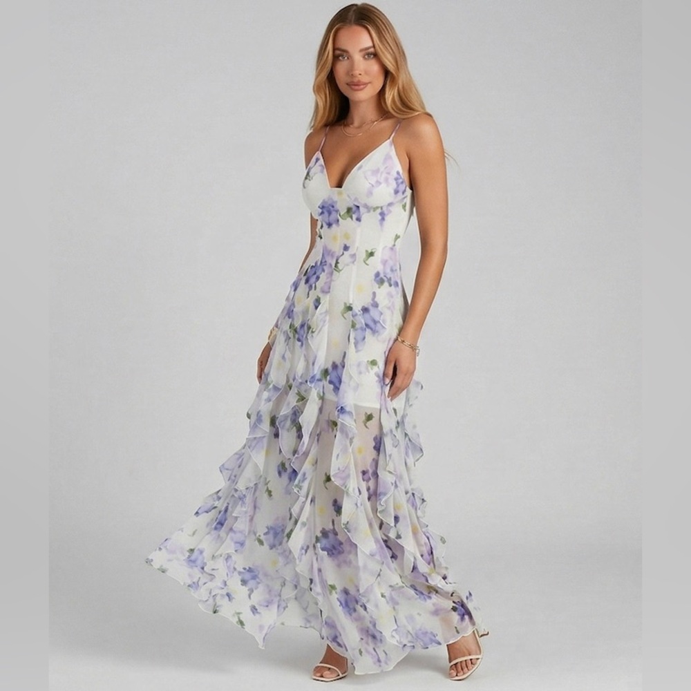Floral V-Neck Tiered Ruffle Gown Maxi Dress | Purple & White - Picture 8 of 9